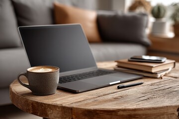 Laptop with blank screen on round table with stylus and coffee cup creative workspace setup