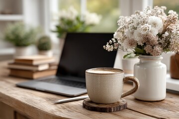 Laptop with blank screen on round table with stylus and coffee cup creative workspace setup