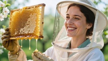 Young female beekeeper in protective suit and hat inspecting honeycomb frame with dripping honey in spring orchard.