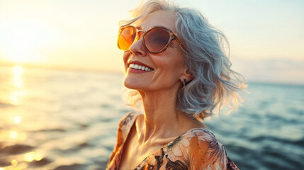 Happy Senior Woman Enjoying Sunset by the Ocean