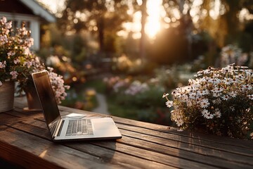 Laptop with blank screen outdoors on table in garden nature background and morning light