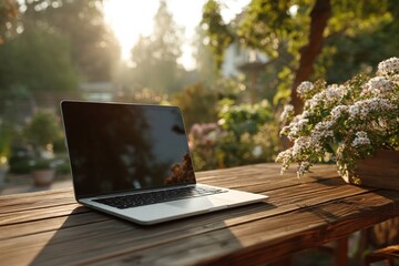 Laptop with blank screen outdoors on table in garden nature background and morning light