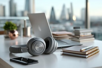 Laptop on white desk with stationery headphones and phone nearby modern tech environment