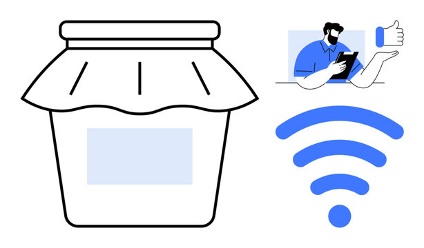 Jam jar representing preservation, wireless symbol for connectivity, and person managing content on tablet with approval sign. Ideal for technology, internet, connection, digital interaction, remote