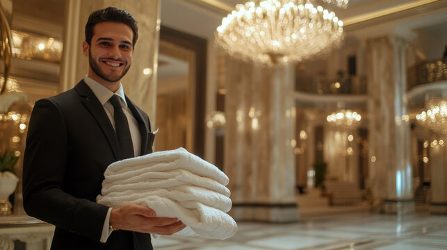 Smiling Hotel Staff Holding Fresh Towels in Luxurious Setting