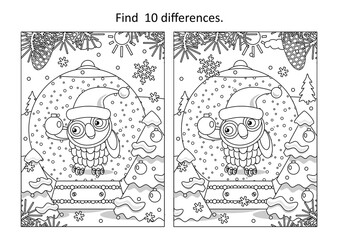 Winter holidays, New Year or Christmas snow globe with owl decorating tree christmas tree difference game. Picture puzzle and coloring page.