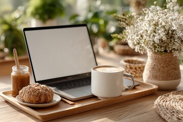 Laptop on dining table next to breakfast tray casual morning scene with blank screen for mockup