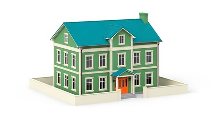 Green house with blue roof illustration for real estate and home design search terms online use