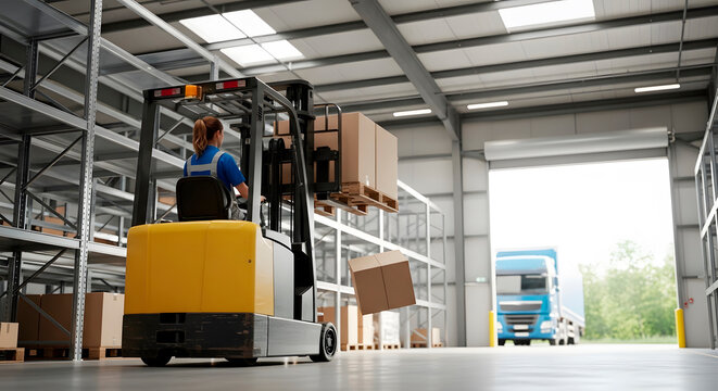 Woman forklift operator working in warehouse. Transporting and lifting box in logistics storage facility. Shipping and delivery service concept.