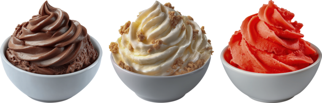 Three fictional ice creams: one with Brownie Chunks, one with Cookie Crumbles and one with Red Velvet flavor piped into white bowls - isolated PNG on a transparent background. 