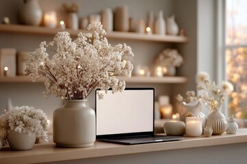 Laptop on a minimalist shelf with blank screen surrounded by decorative items and soft lighting