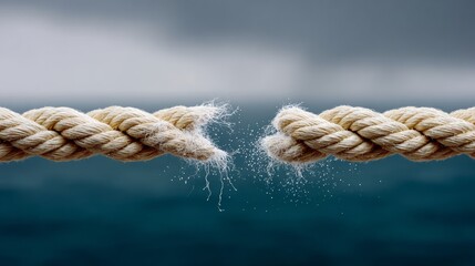 Fototapeta premium A rope is split in half, with one half hanging over the water. The rope is white and he is frayed. Concept of tension and conflict, as the rope is torn apart