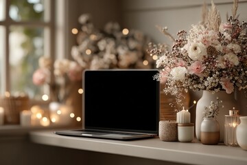 Laptop on a minimalist shelf with blank screen surrounded by decorative items and soft lighting