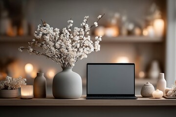 Laptop on a minimalist shelf with blank screen surrounded by decorative items and soft lighting