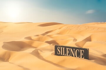 Wooden sign with the word S I L E N C E half buried in vast golden desert sand dunes under a clear blue sky