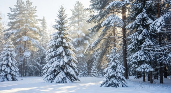 Sunlight filters through snow covered pine trees in a peaceful winter forest - Powered by Adobe