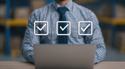 Business professional utilizing laptop for gmp compliance standards in modern office environment