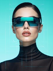 Futuristic young woman with slick hair, black turtleneck, and cyberpunk headgear on digital blue background.