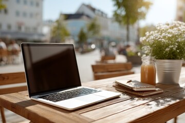 Laptop with blank screen on outdoor cafe table with juice and notebook sunny day urban freelancer style