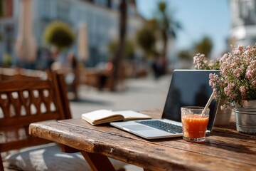 Laptop with blank screen on outdoor cafe table with juice and notebook sunny day urban freelancer style