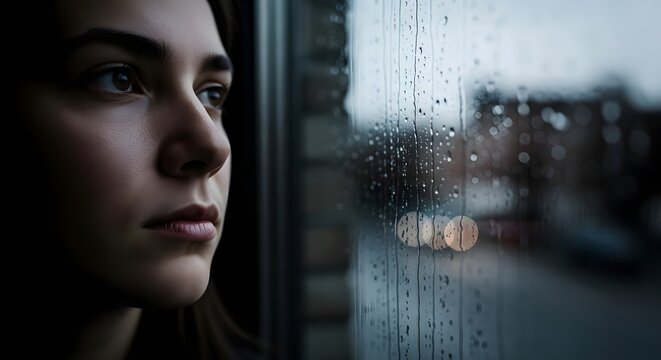 A young woman gazing thoughtfully out of a rain-covered window on a gloomy day, reflecting a contemplative mood and a sense of solitude