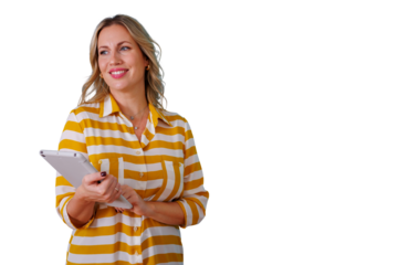Blonde woman managing business using tablet checking plans and smiling, transparent background with copy space