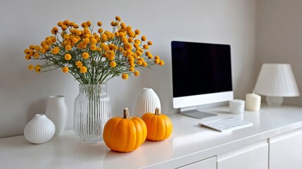 A white computer desk with a vase of flowers and two pumpkins on it. The desk is clean and organized, with a keyboard and mouse on it. The flowers and pumpkins give the room a warm