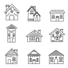 A collection of hand-drawn gingerbread house illustrations featuring cute Christmas-themed doodle homes in black outline style. 