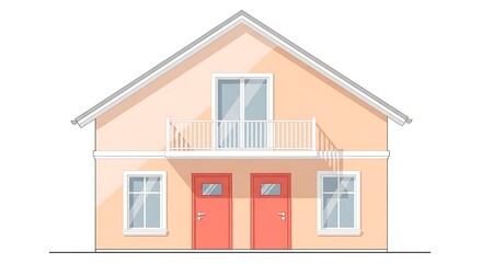Illustration of a two story house with balcony and two doors for real estate marketing use