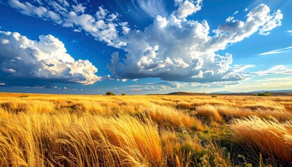 A vast expanse of golden prairie grass stretches towards rolling hills under a dramatic blue sky filled with white, billowing clouds.