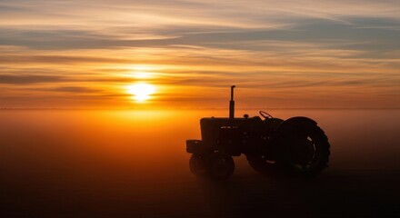 Fototapeta premium Silhouette of a tractor at sunset, golden hour, scenic landscape.