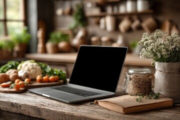 Laptop on home kitchen counter with vegetables and cookbook blank screen for recipe website mockup