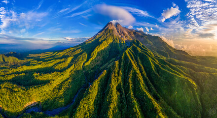 Panoramic Aerial Landscape of Mount Merapi Volcano at sunrise (Yogyakarta, Indonesia)