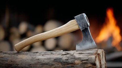 A large axe is sitting on a log next to a pile of wood. The axe is black and brown, and it is freshly sharpened. Concept of adventure and the outdoors