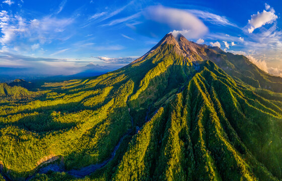 Panoramic Aerial Landscape of Mount Merapi Volcano at sunrise (Yogyakarta, Indonesia)