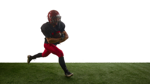 American football runner sprinting forward with powerful determination. Concept of training guides, sport apps, coaching materials, marketing visuals, performance analysis.