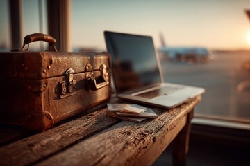 Laptop on airport lounge table with suitcase and boarding pass blank screen for travel booking ui