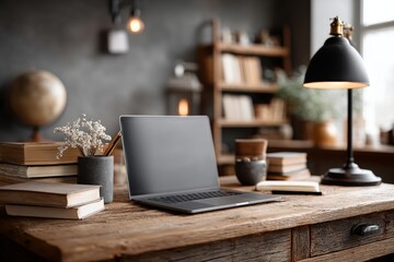 Laptop with blank screen on student desk with textbooks pen holder and desk lamp academic theme