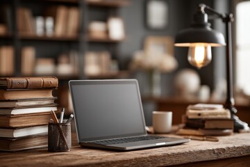 Laptop with blank screen on student desk with textbooks pen holder and desk lamp academic theme
