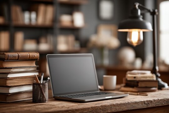 Laptop with blank screen on student desk with textbooks pen holder and desk lamp academic theme