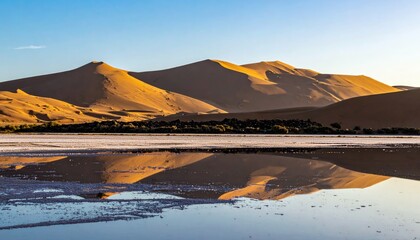 Majestic golden sand dunes rise dramatically, their curves illuminated by sunlight, casting reflections on a tranquil desert lake.