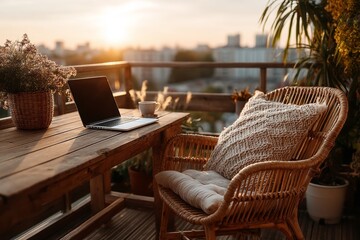 Laptop with blank screen on balcony table with notebook and morning sun relaxed remote work setup