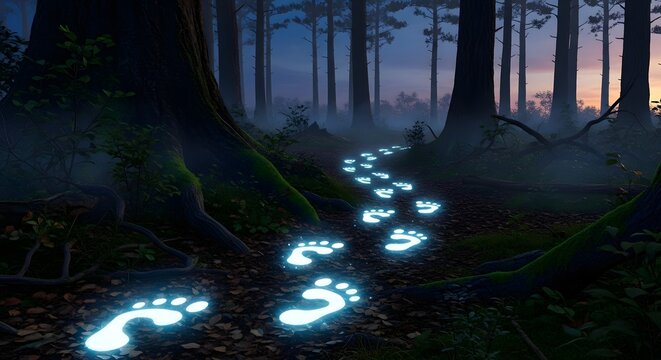 Mystical forest pathway illuminated by glowing footprints leading into a foggy, tranquil woodland at dusk with tall trees and lush greenery surrounding the scene