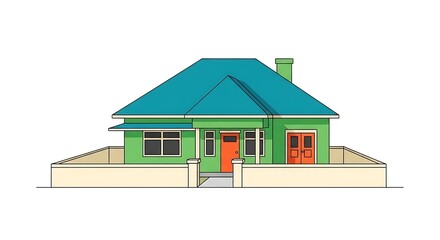 Cartoon house illustration with green exterior blue roof and orange doors home design concept