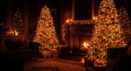 Fototapeta premium Cozy Christmas Living Room Scene with Warm Fireplace and Decorated Trees