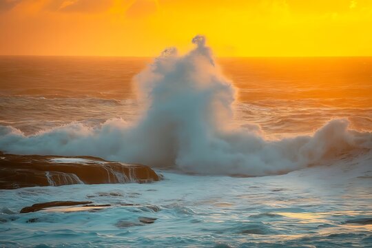 Powerful ocean wave crashing against dark rocks at sunset with golden sky water