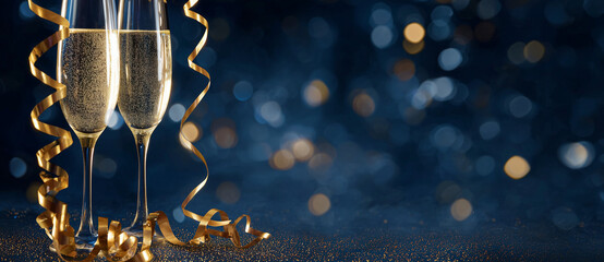 Two elegant champagne flutes filled with sparkling bubbles stand side-by-side, wrapped in shimmering golden ribbons. The deep blue bokeh background glows with warm festive lights, creating a luxurious