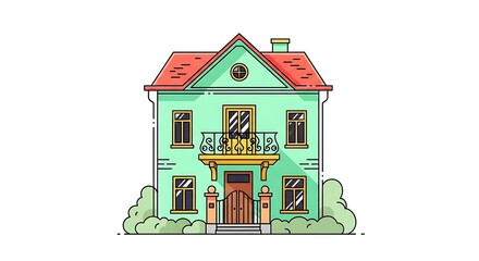 Illustration of a charming two story house with balcony and red roof home exterior design