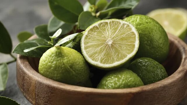 A close-up of fresh green limes one cut in half resting in a rustic wooden bowl with attached leaves on a dark textured surface