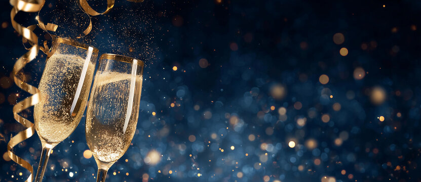 A festive close-up of two champagne glasses toasting, surrounded by swirling golden ribbons and sparkling bubbles. Tiny glitter particles float through the air, while a deep blue bokeh background glow - Powered by Adobe